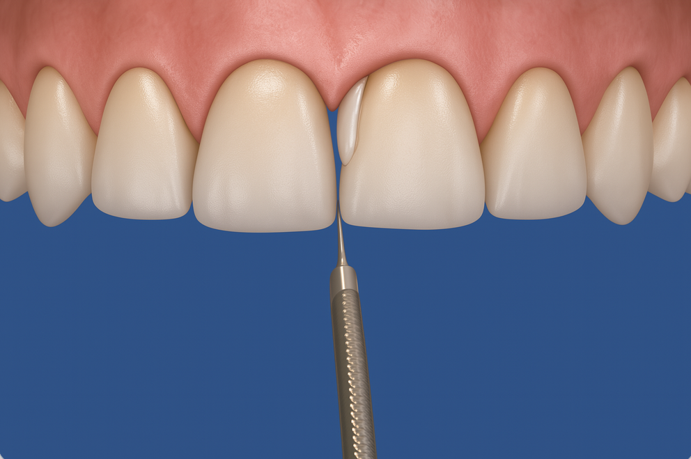 Close-up dental diagram of front teeth with a dental instrument.
